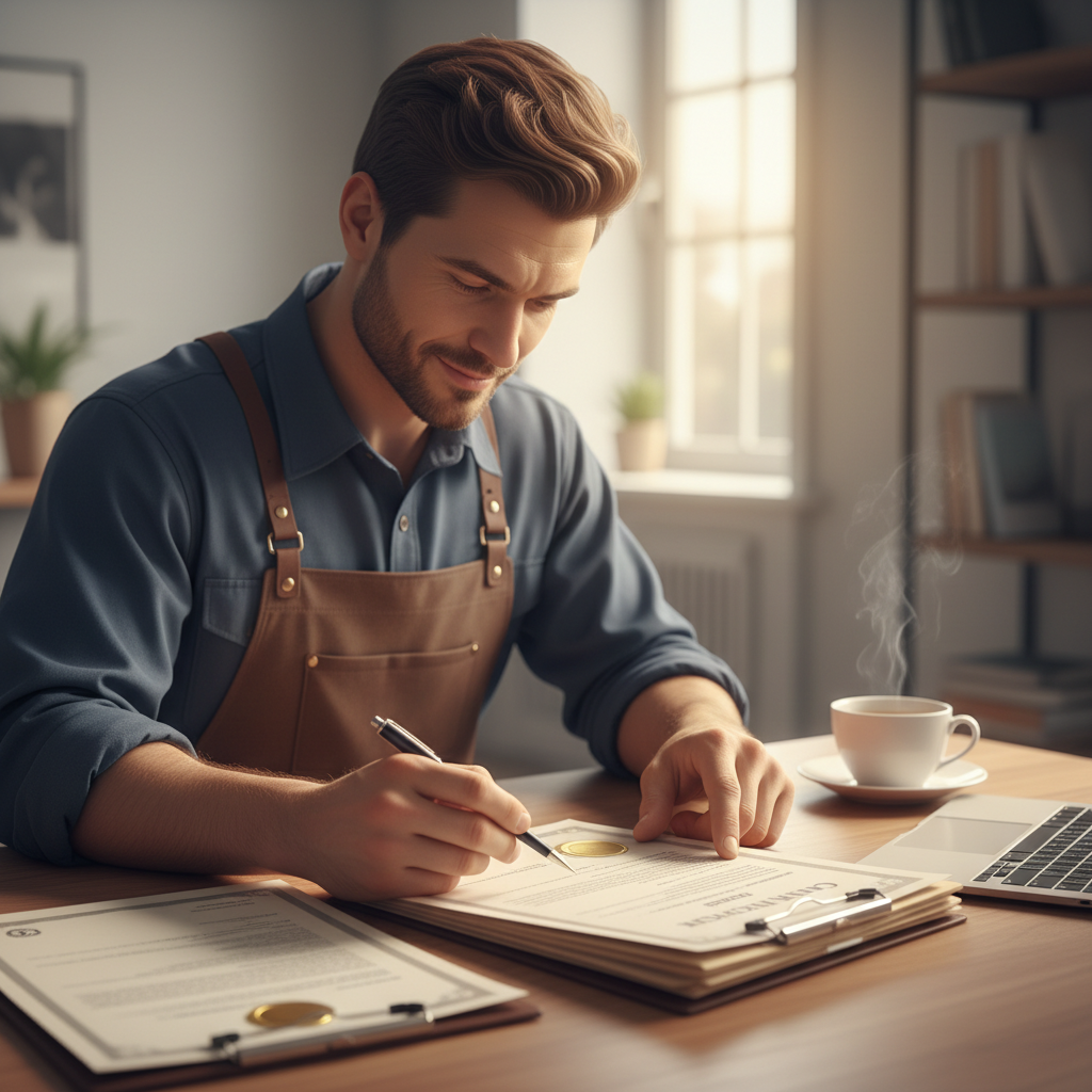 Tradie reviewing qualification documents at desk