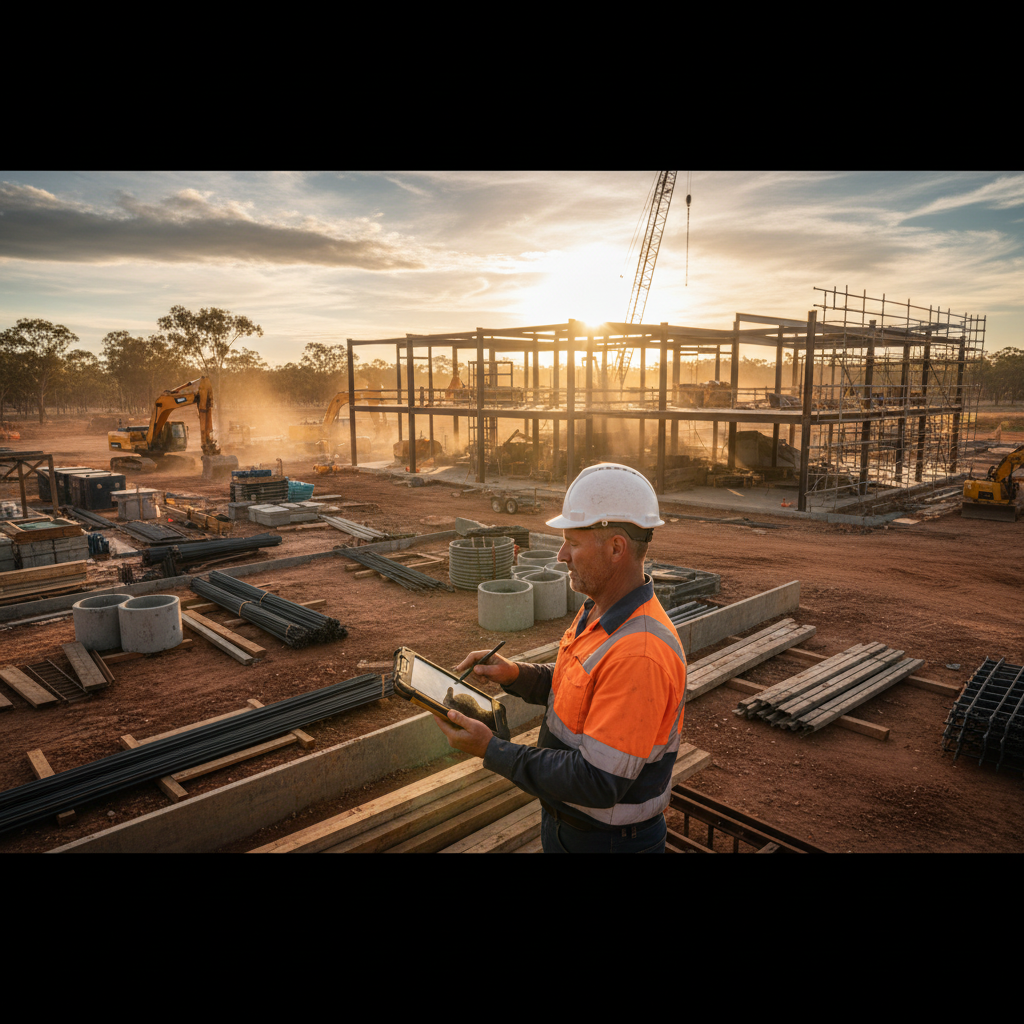 Experienced tradesman on construction site reviewing plans