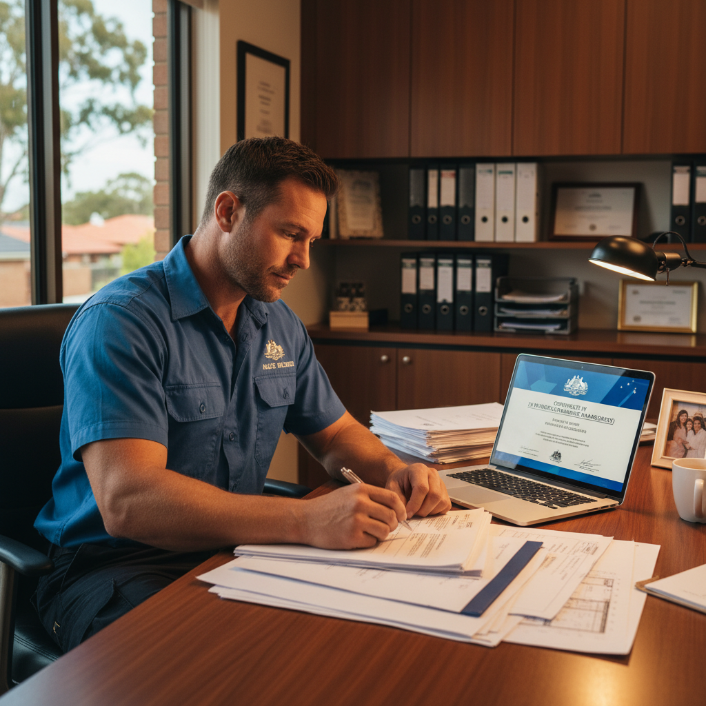 Tradie reviewing professional documents and qualifications at desk