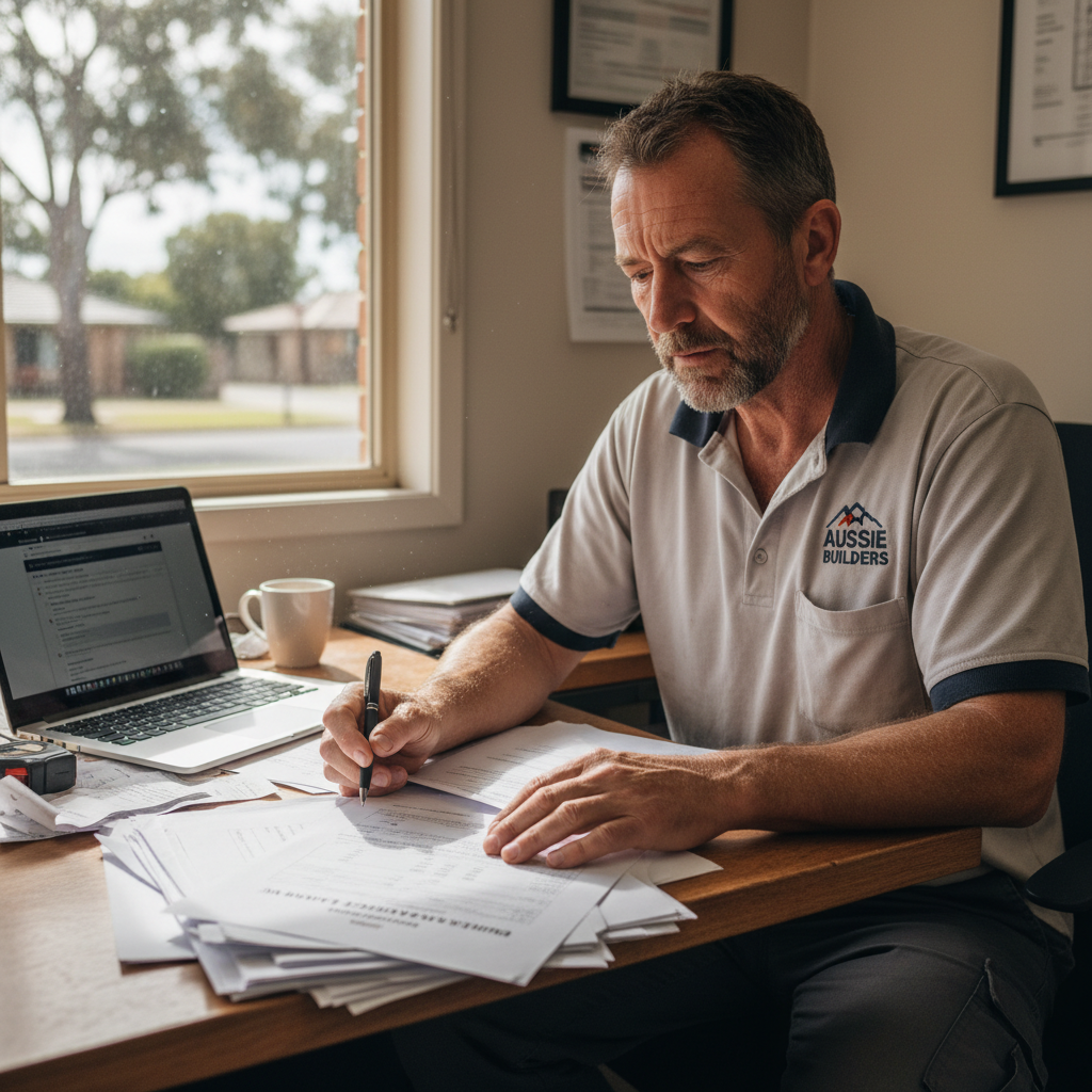Experienced tradie reviewing builder's licence paperwork at desk