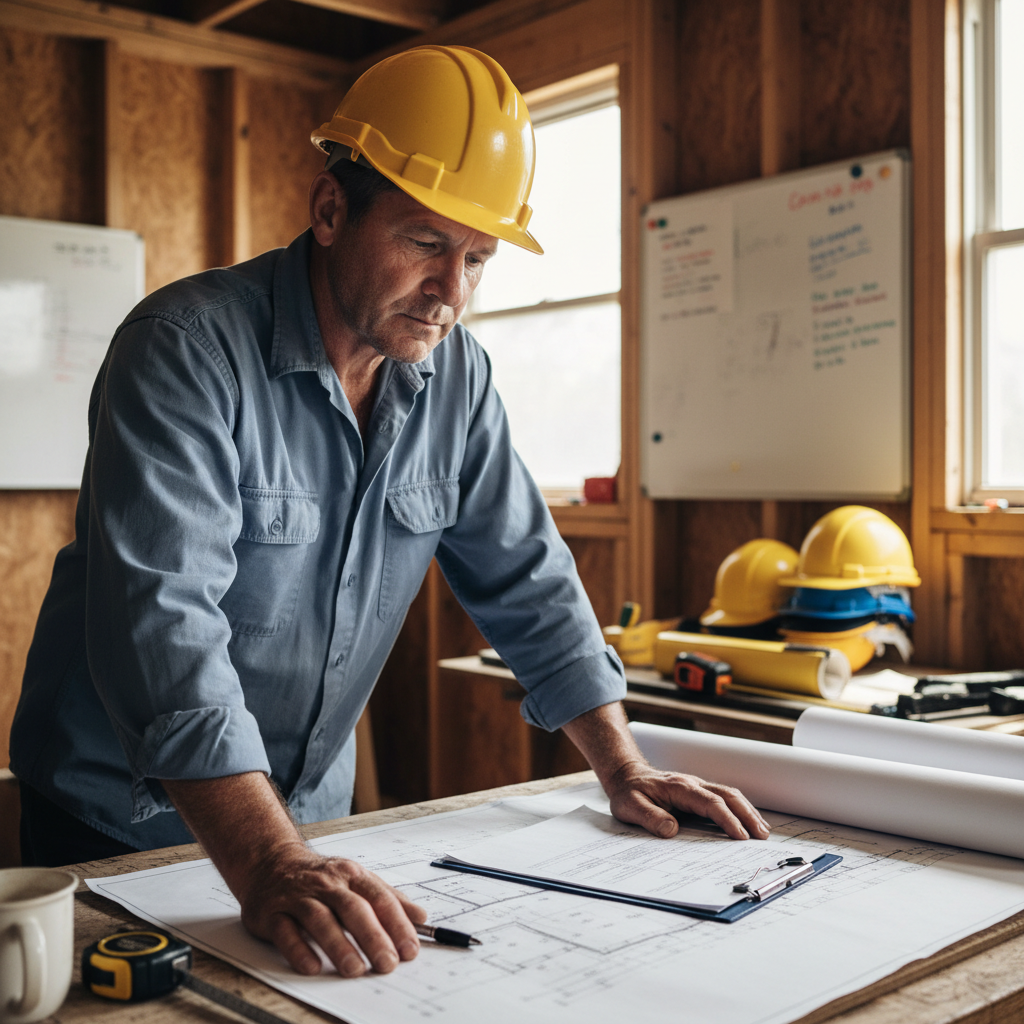 Tradesman managing project plans and team coordination