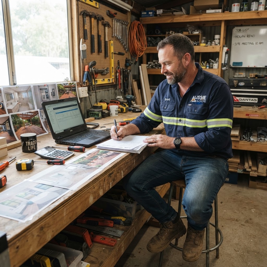 Self employed tradie reviewing project documentation at workbench