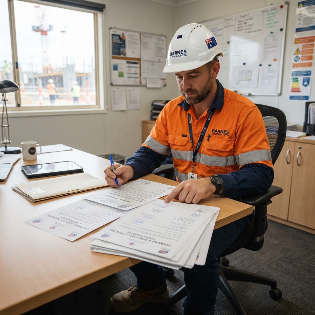 Tradesman reviewing builder's licence requirements