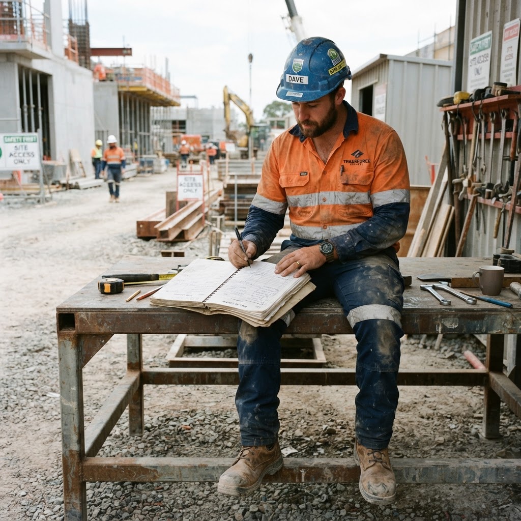 Tradesman documenting work evidence on site
