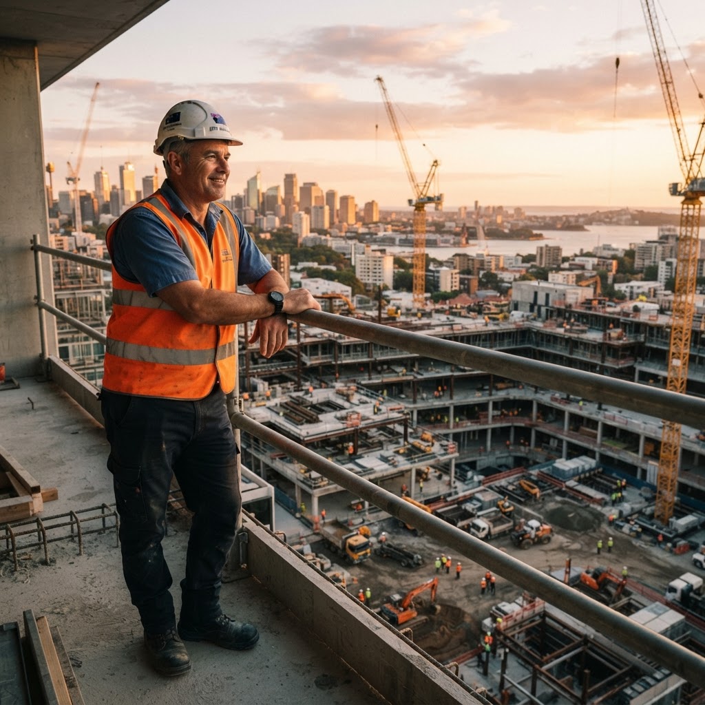 Australian construction site manager overlooking building project at golden hour