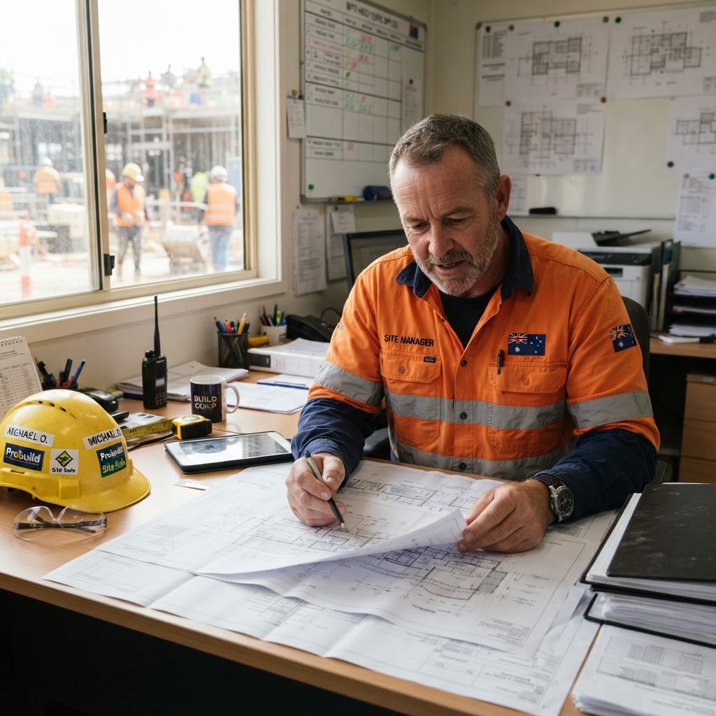 Construction manager reviewing building plans in site office