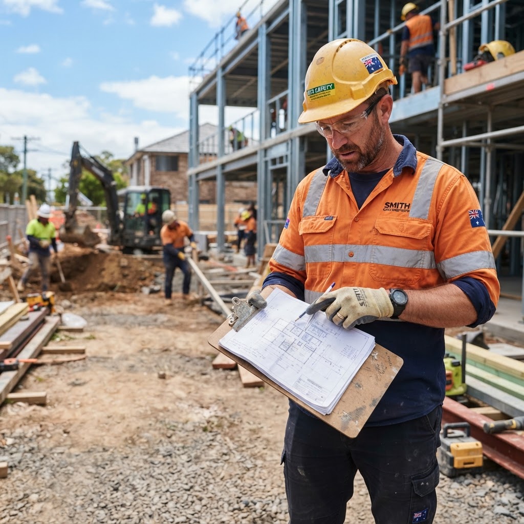 Australian tradesman reviewing blueprints on construction site
