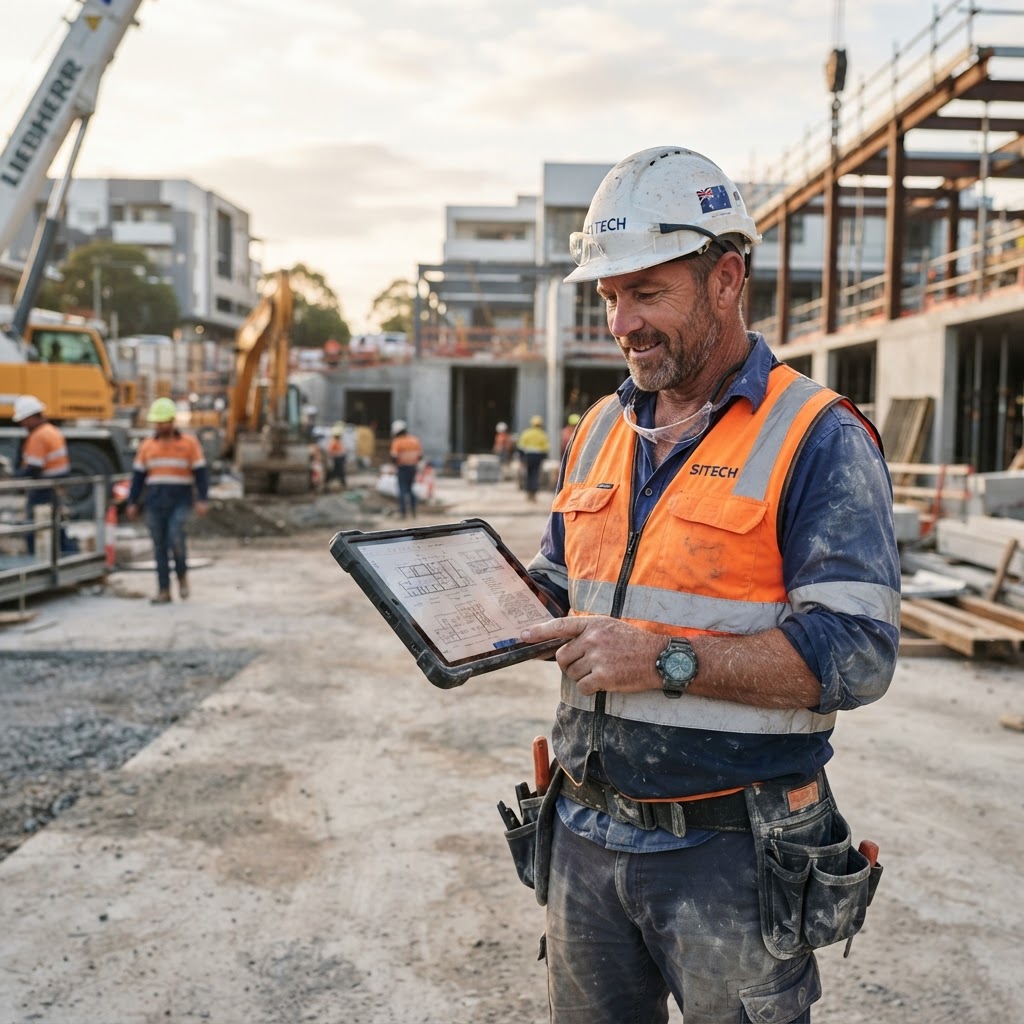 Experienced tradesman reviewing plans and documents on site