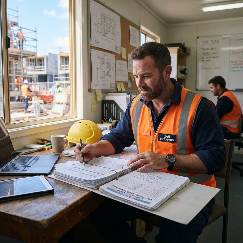 Tradesman reviewing licensing and compliance documentation