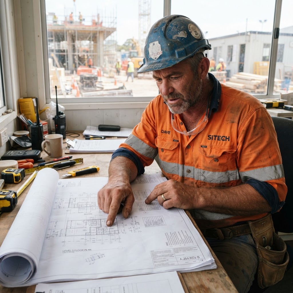 Experienced tradesman reviewing site plans and documentation