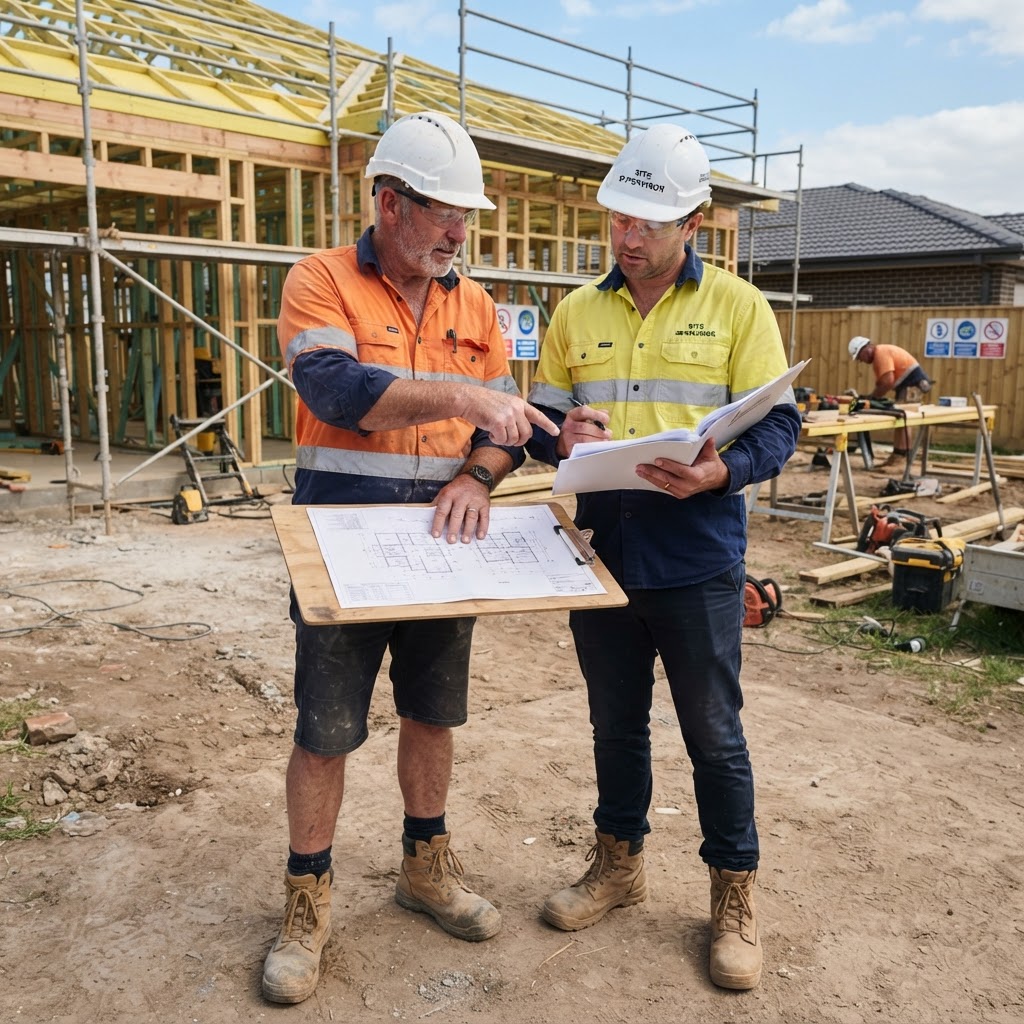 Australian builder and site supervisor discussing plans at a residential construction site
