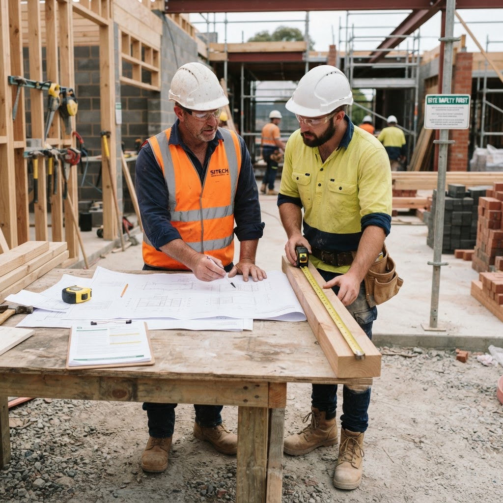 Queensland site supervisor reviewing building plans and compliance documents