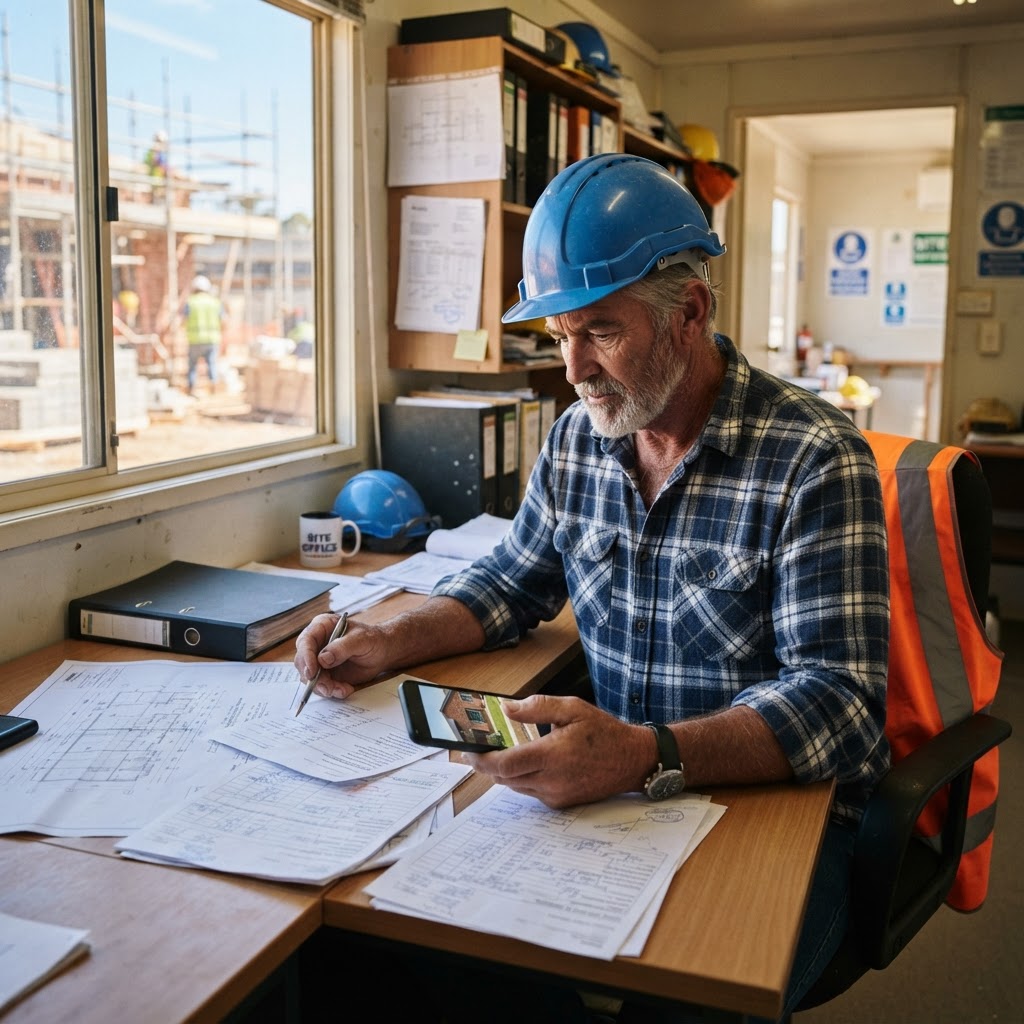 Australian tradie organising building evidence and project records