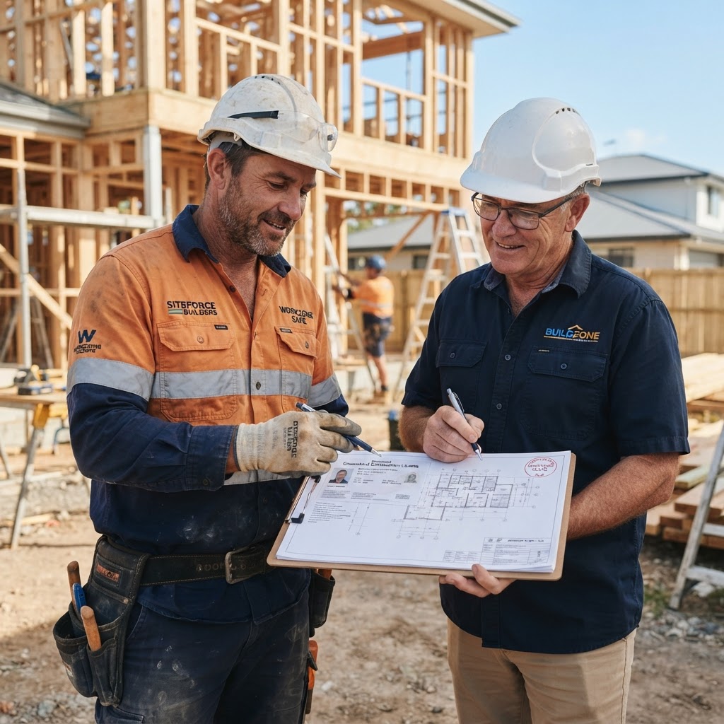Australian site supervisor reviewing builder licensing paperwork at a residential construction site