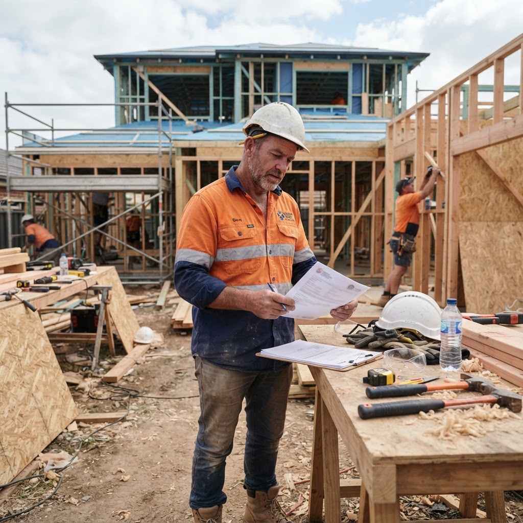 Australian builder checking licence paperwork at a residential construction site