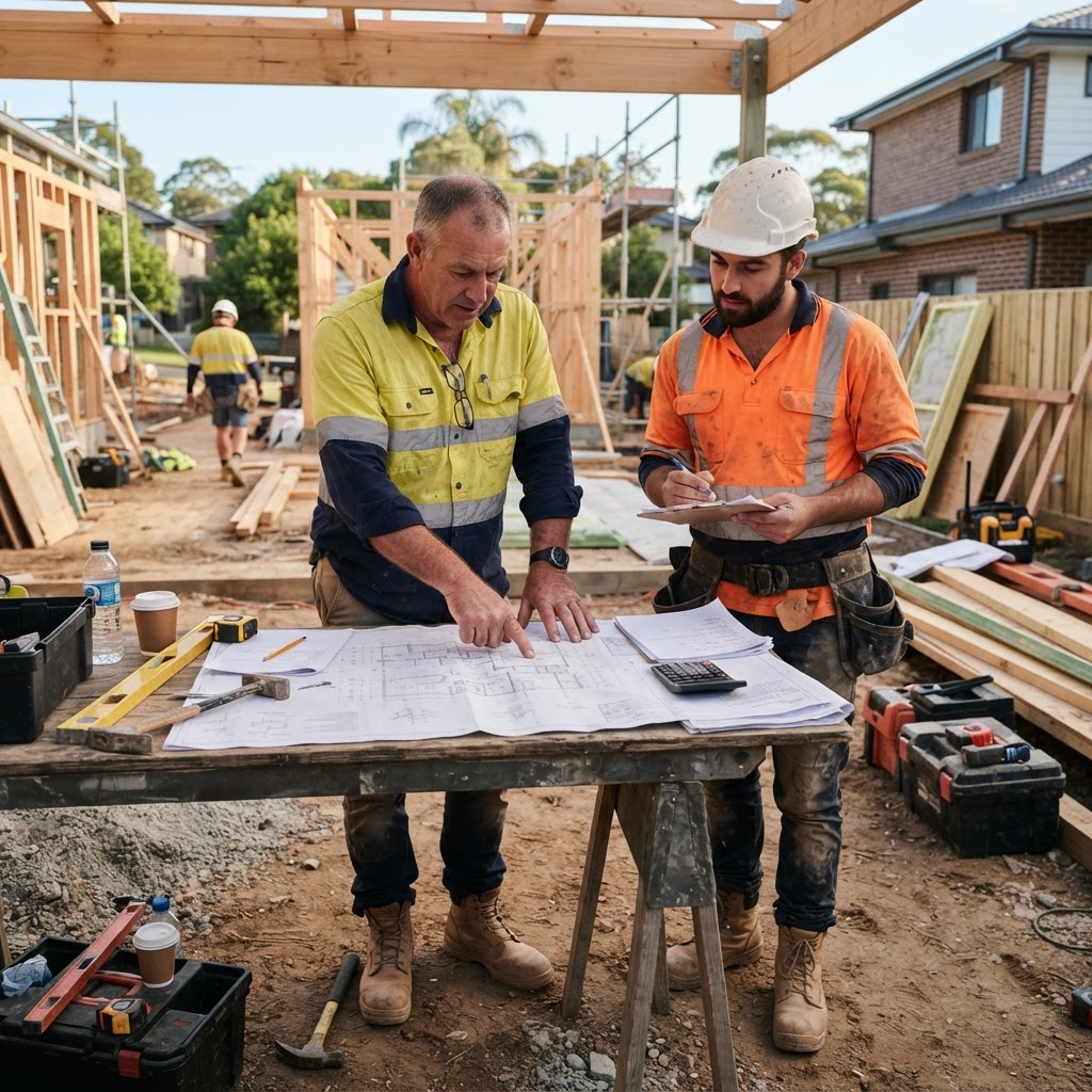 Australian site supervisor checking building documents on a residential construction site