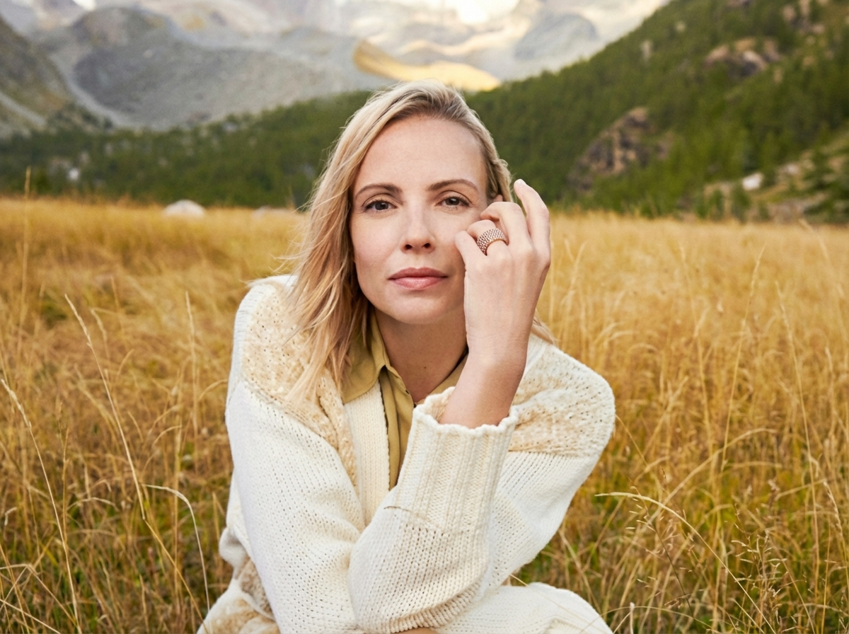Blonde Frau sitzt auf einer goldenen Wiese in einem cremefarbenen Strickpullover und präsentiert einen Diamantring vor einer Bergkulisse