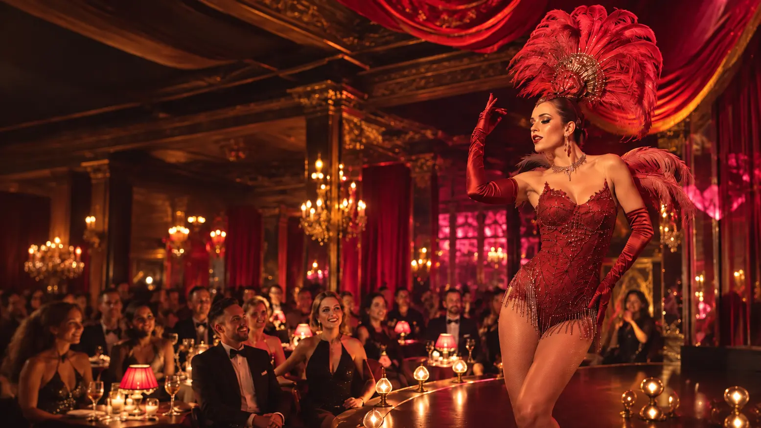 A cabaret performer in a red feathered headdress, beaded corset costume, and long gloves poses on stage in an opulent red-and-gold hall, with audience members seated at tables in the background.