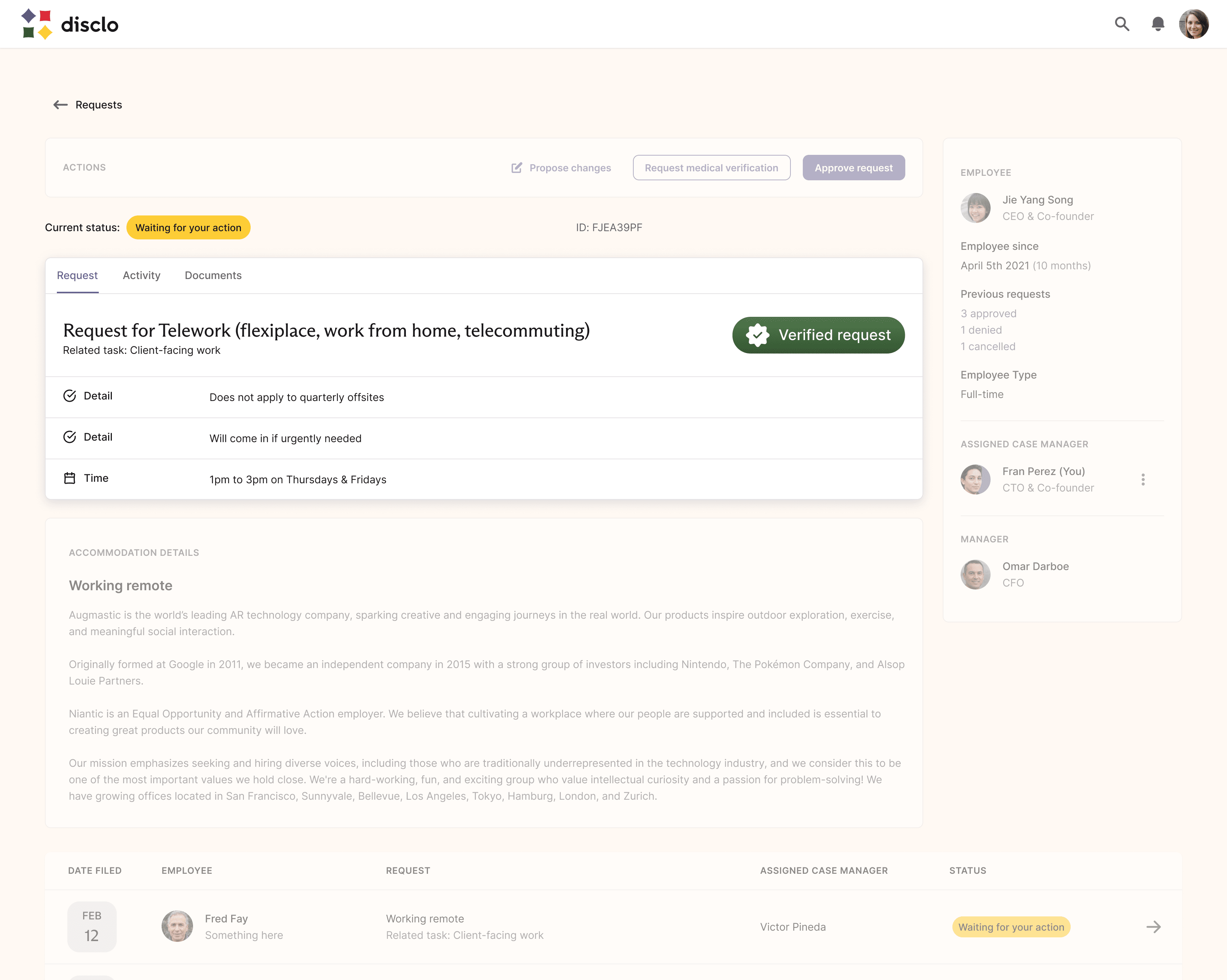 Disclo's employee dashboard