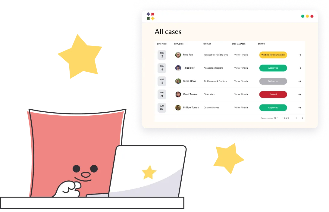 A red Disclonaut character smiling and using a laptop with a star sticker against a yellow background. Beside it, an open software window titled 'All cases' displays a list of cases with employee names, requests, case managers, and status (such as 'Waiting for your action', 'Approved', 'Follow-up', and 'Denied'). Decorative yellow stars are scattered around the scene.