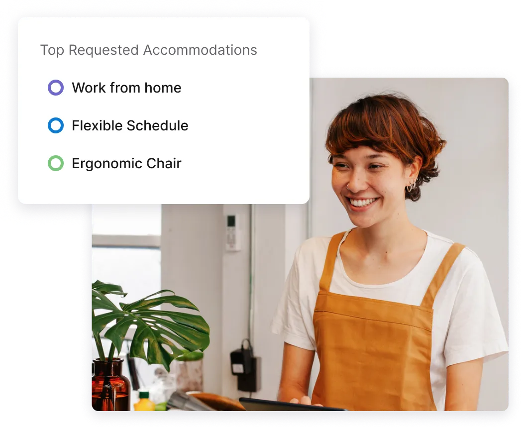 List of top requested accommodations with a smiling woman in the background.