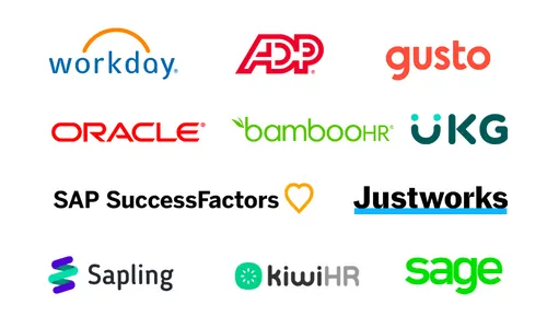 Logos of various HRIS softwares on top of a white background.