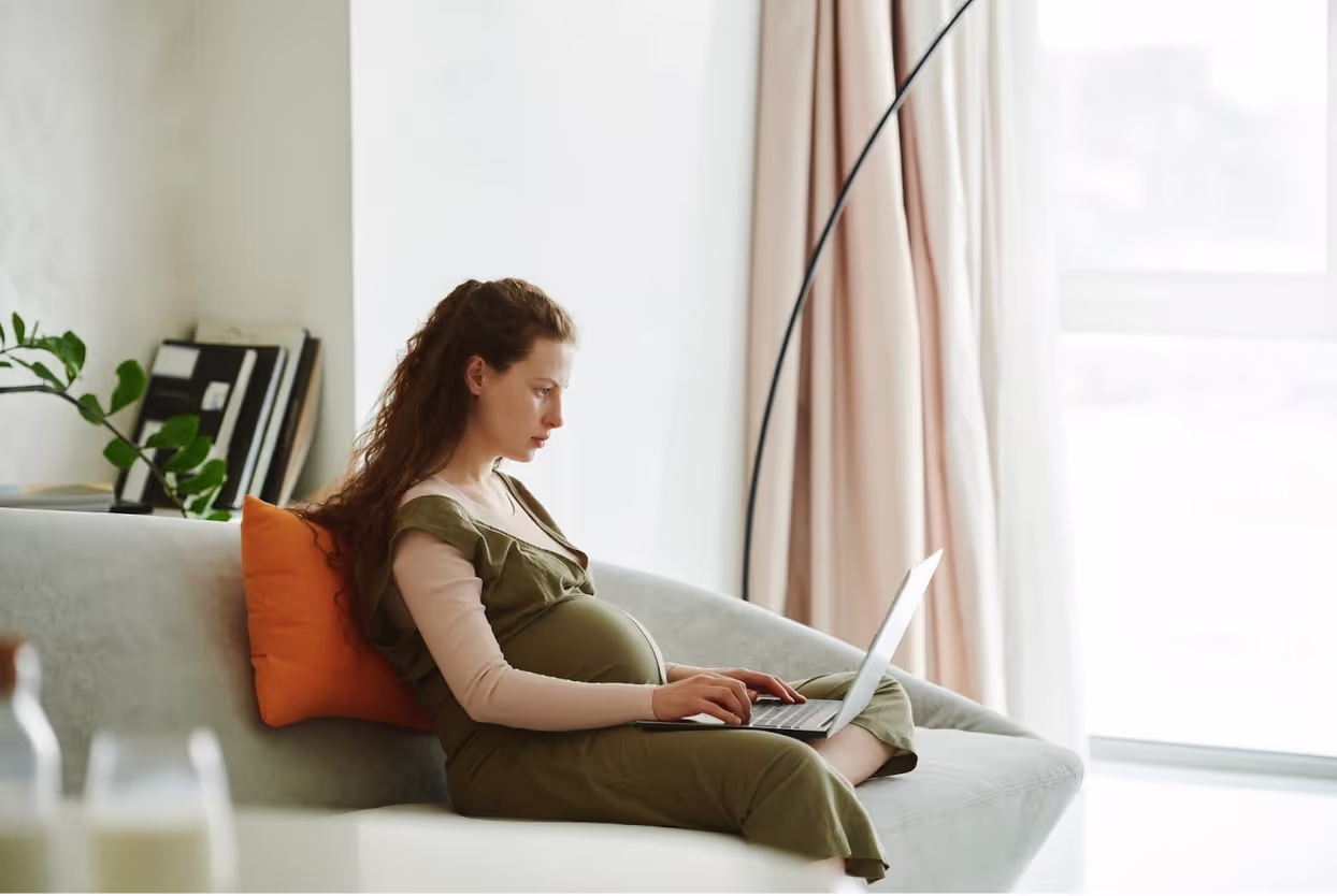 Pregnant woman using laptop.