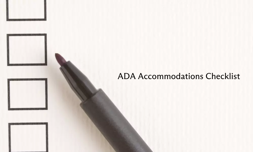 Image of a checklist with a black pen laying on top. Text reads "ADA Accommodations Checklist"