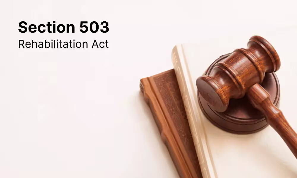 Cream background with the text "Section 503, Rehabilitation Act". To the right is a wooden gavel on top of two books.