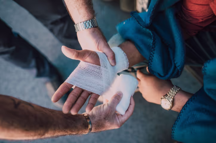 A group of hands, one with a bandage.