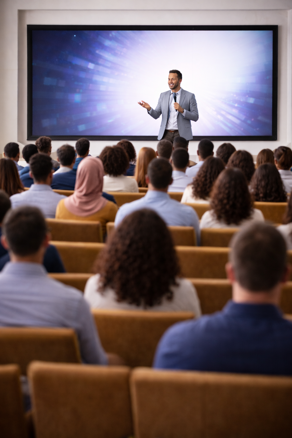 Image of leader speaking in front of people 