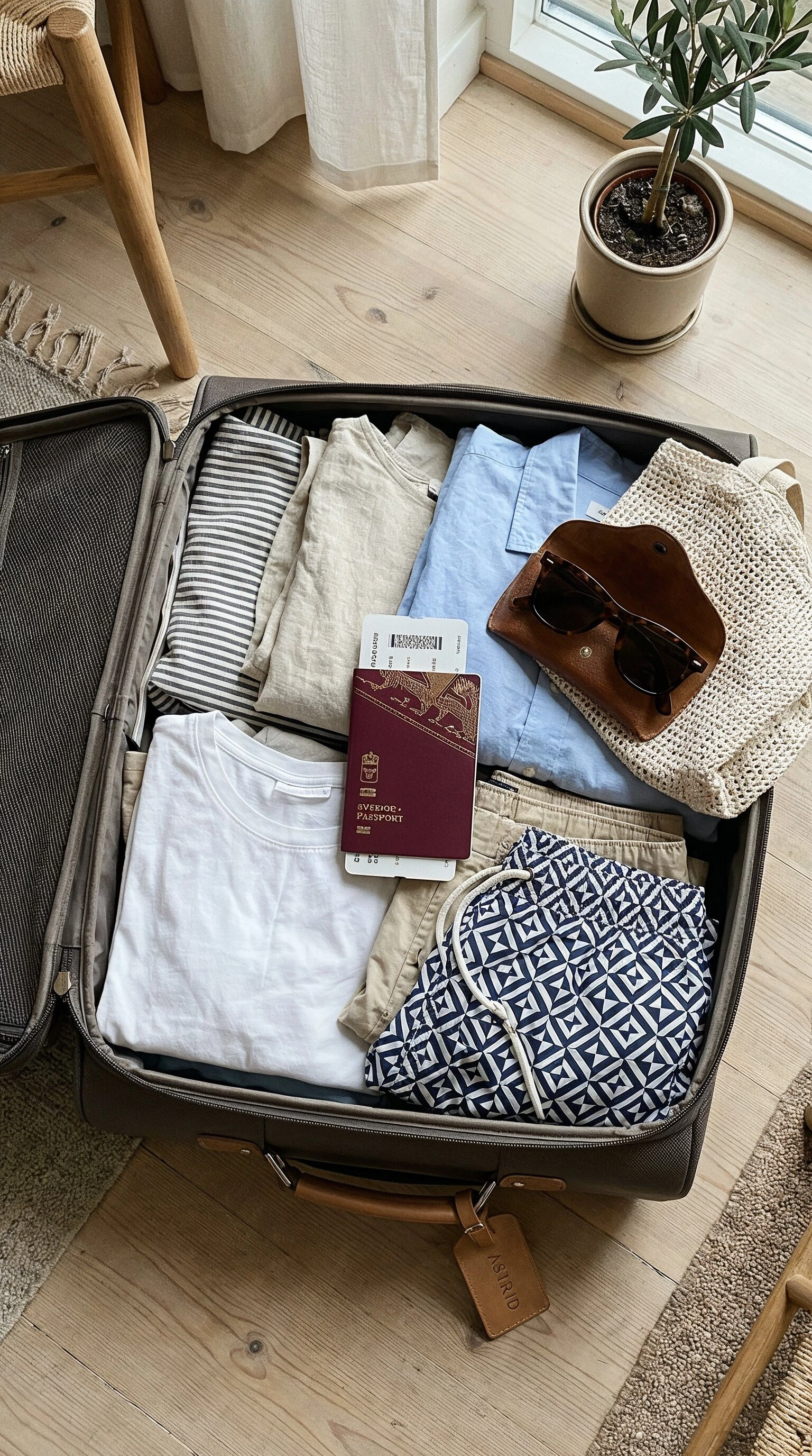 En öppen brun resväska liggandes på ett ljust trägolv, prydligt packad med sommarkläder i ljusa färger. I väskan syns bland annat en vit t-shirt, en blå skjorta, en randig tröja och mönstrade shorts. Ovanpå kläderna ligger ett svenskt pass, ett boardingkort och ett par solglasögon i ett brunt fodral.