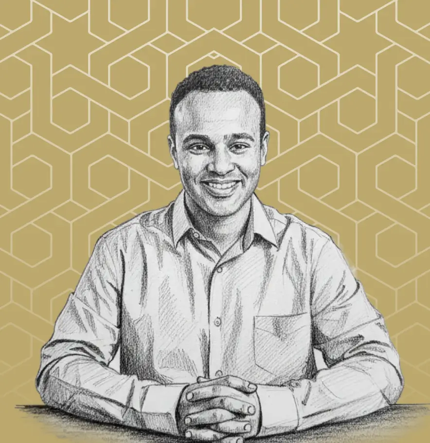 Sketch of a smiling man with short hair wearing a button-up shirt, sitting at a table with hands clasped, on a patterned beige background.