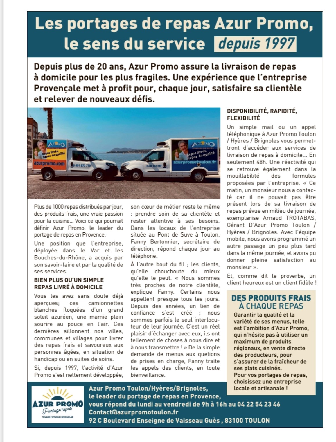 Les portages de repas Azur Promo Toulon/Hyères/Brignoles, le sens du service depuis 1997 !