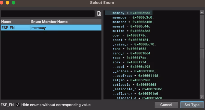 Binary Ninja select matching IROM API type.