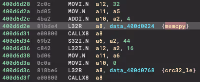 Binary Ninja view with matching IROM API calls.