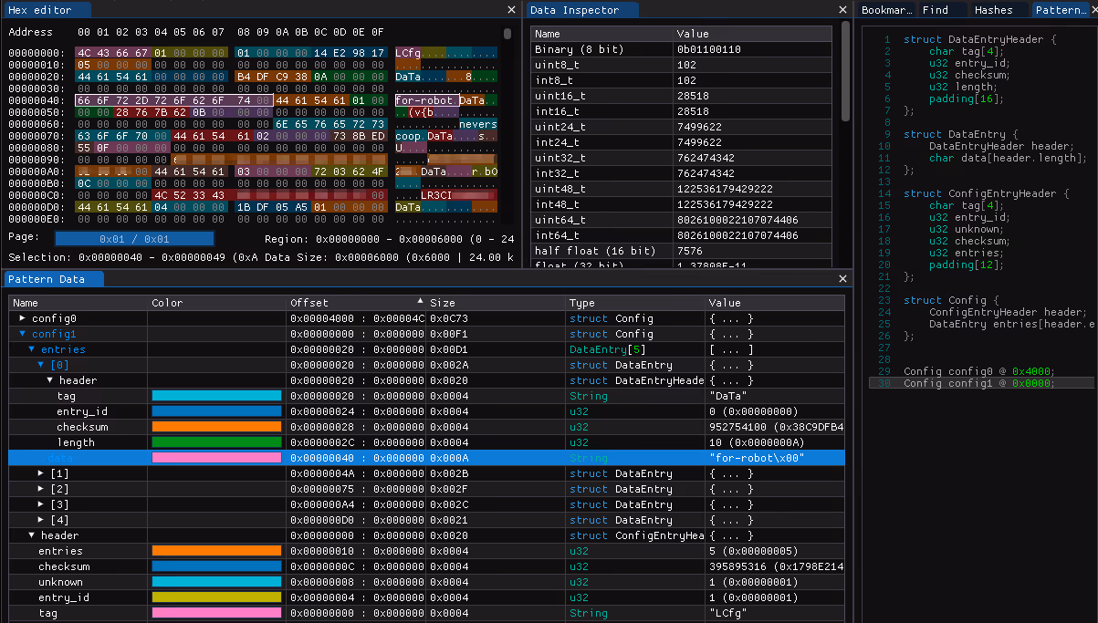 ImHex view of the config partition with pattern applied.