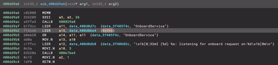 Binary Ninja view with on-boarding process showing the correct UDP port.