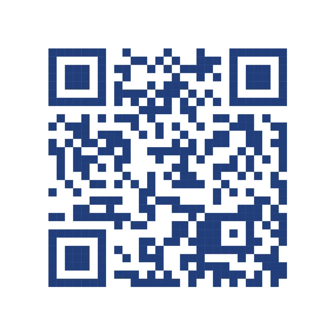 Blue QR code on a white background.