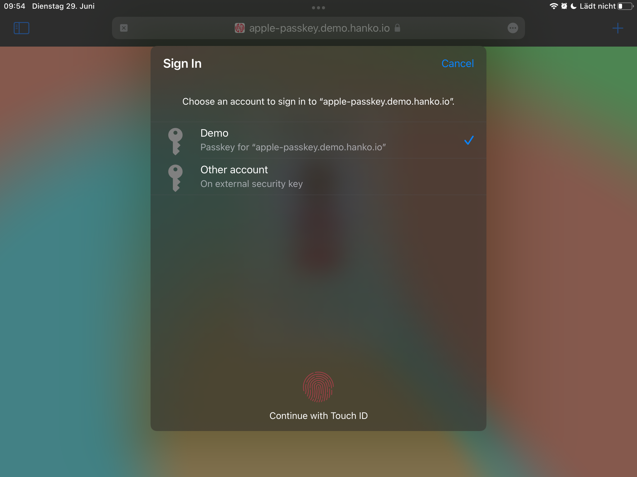 The generated passkey is automatically available on you mobile device