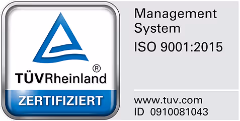 TÜV Rheinland Logo, ISO 9001:2015 Zertifikat, ID 0910081043, TÜV Webseite verlinkt.