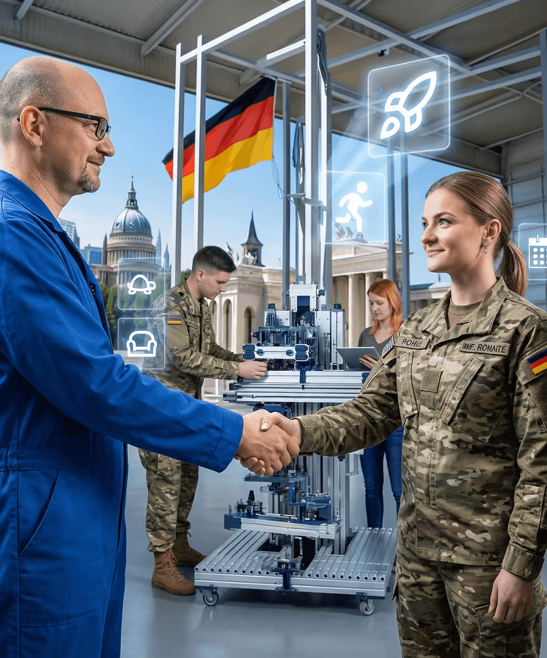 Mann in blauem Kittel und Frau in Uniform schütteln Hände, moderne Technik im Hintergrund, deutsche Flagge weht.