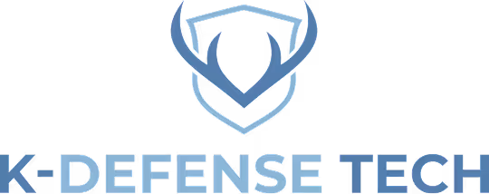 K-Defense Tech Logo, blauer Geweih-Schild Symbol über dem Schriftzug in Blautönen.