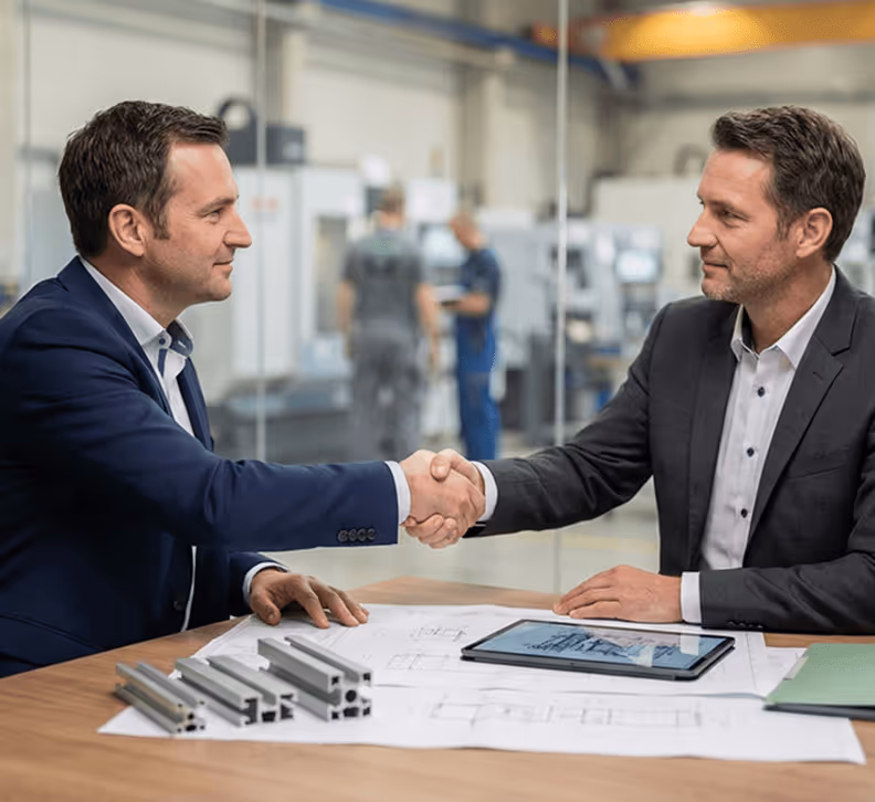 Zwei Geschäftsmänner geben sich in einem Büro die Hand, technische Zeichnungen und ein Tablet auf dem Tisch.