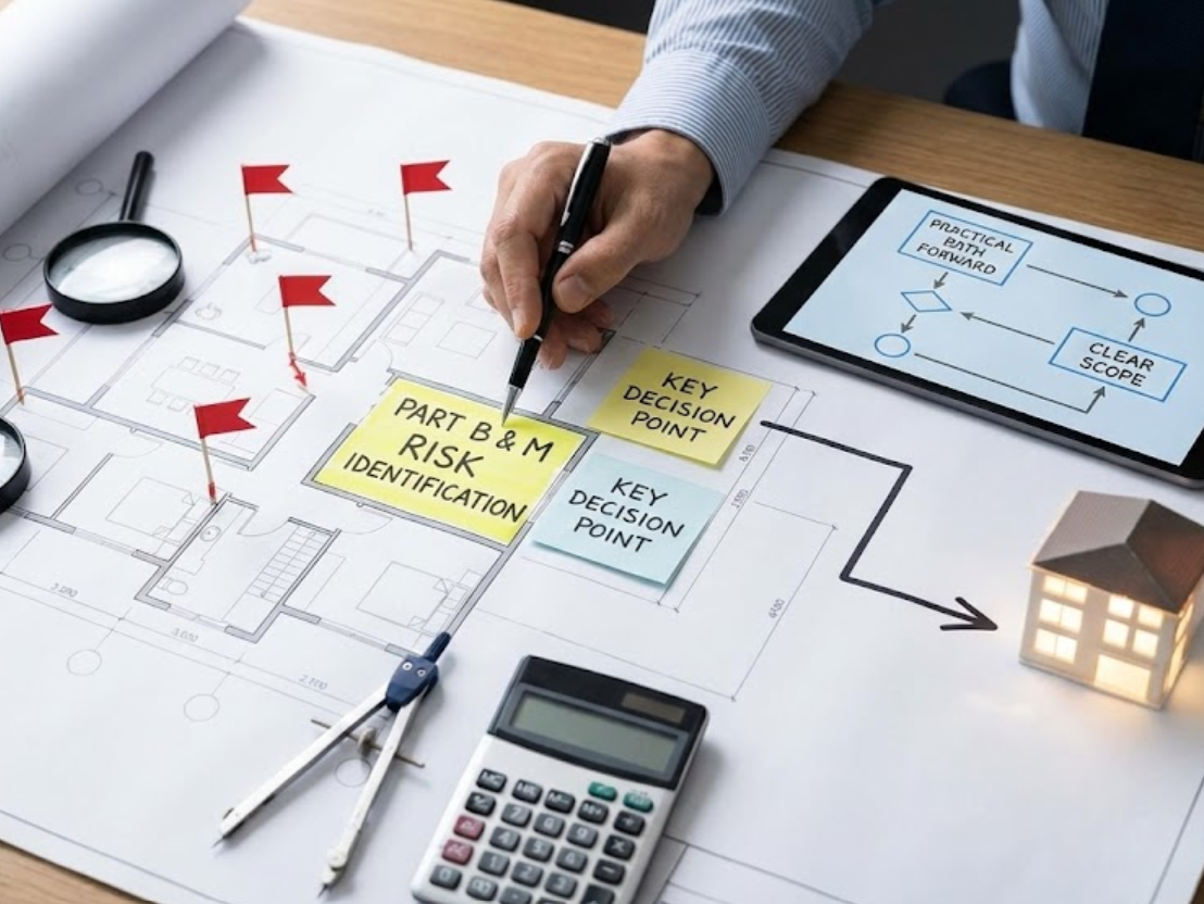Hand holding pen over architectural blueprint with sticky notes reading Part B&M Risk Identification and Key Decision Point, surrounded by drafting tools, a tablet showing a flowchart, and a miniature lit house model.
