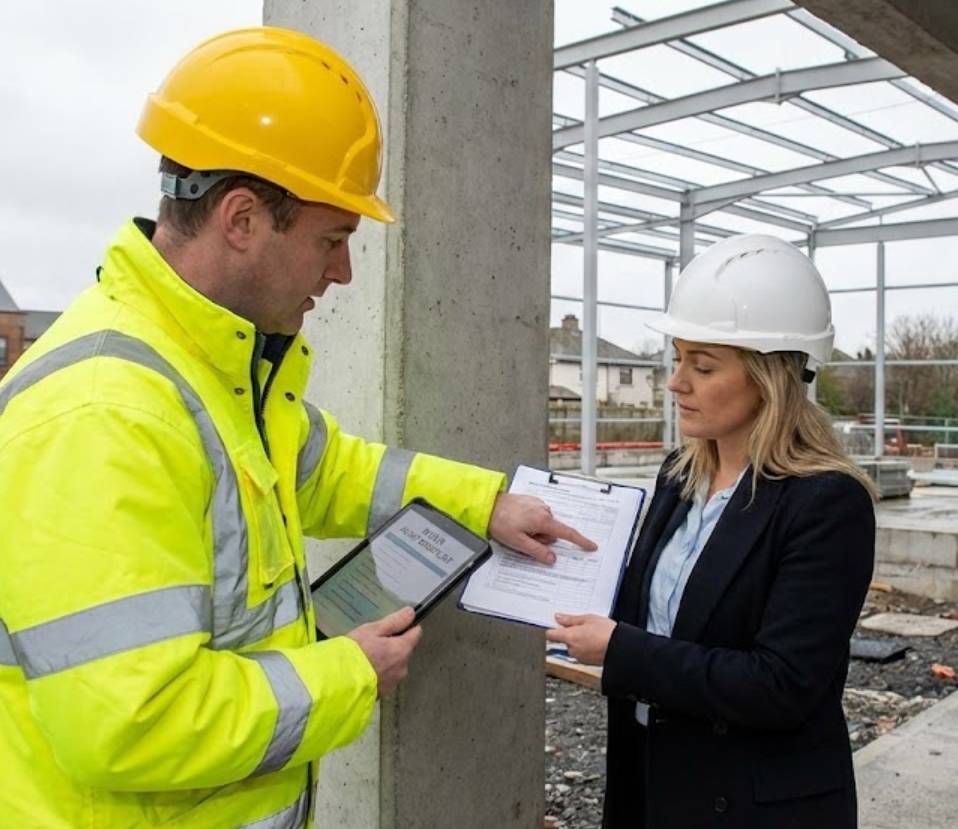 Male construction worker in yellow safety jacket and hard hat pointing at a clipboard held by a female colleague in a white hard hat at a construction site.