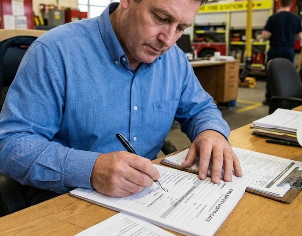 Man in a blue shirt sitting at a desk and filling out a fire safety certificate form with a pen.