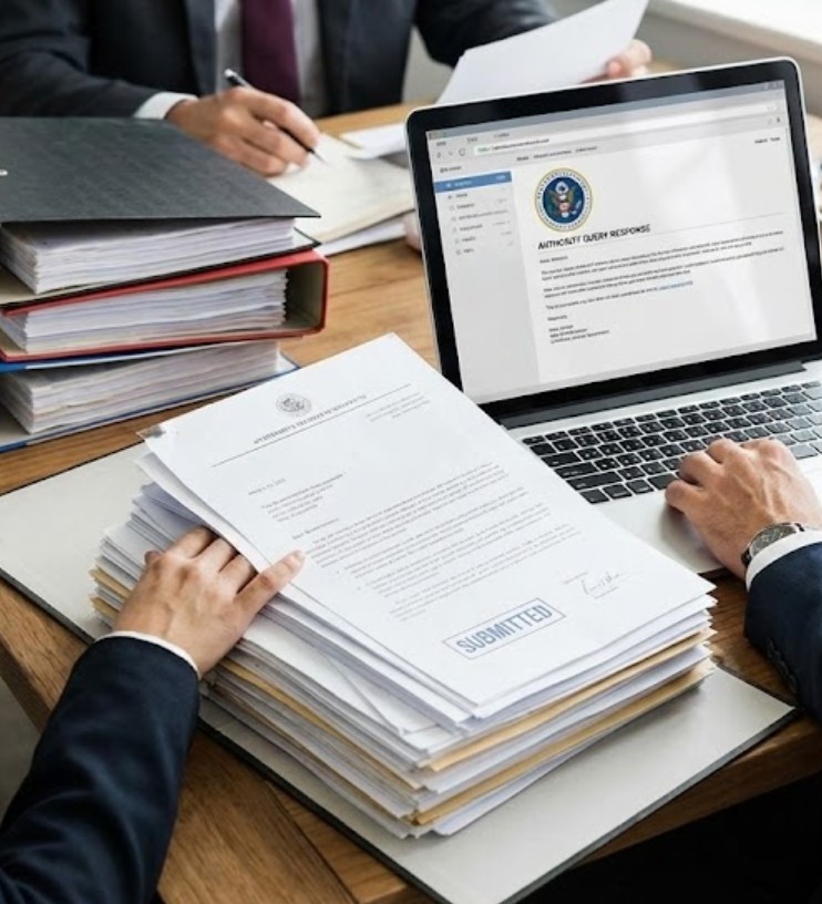 Two professionals reviewing a large stack of official documents labeled 'SUBMITTED' beside a laptop displaying an official government query response.