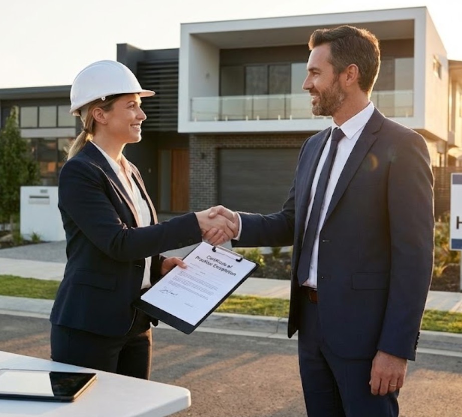 Woman in a hard hat and business suit shaking hands with a man in a suit outside a modern house, holding a certificate of project completion.