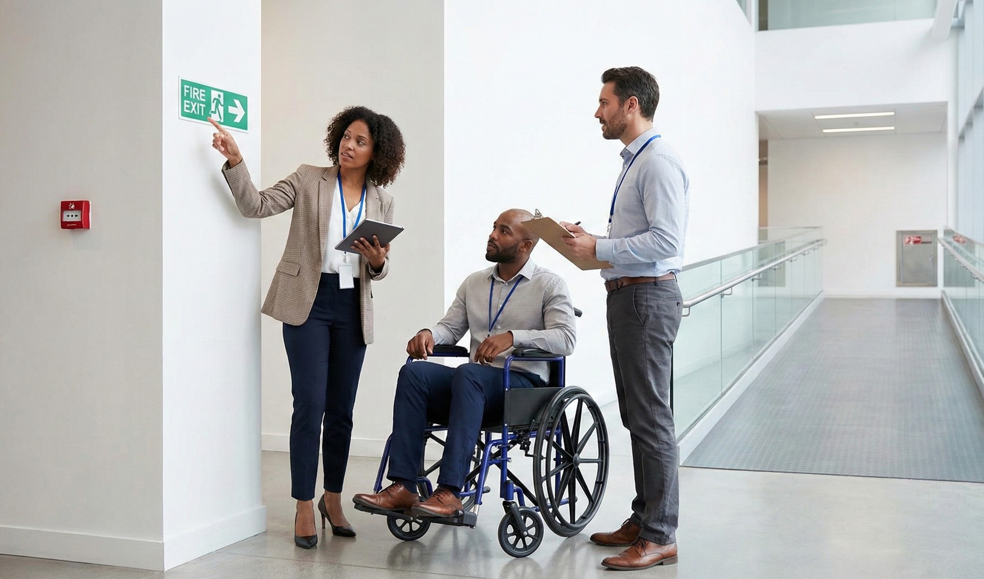 Woman pointing at fire exit sign while two men, one in a wheelchair, listen in a modern hallway.